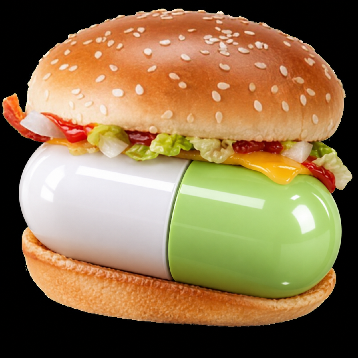 A burger built around a white and green capsule